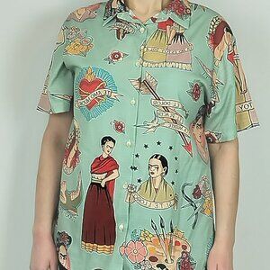 Frida Kahlo‎ Folk Art Graphic Blouse in Green Size Medium